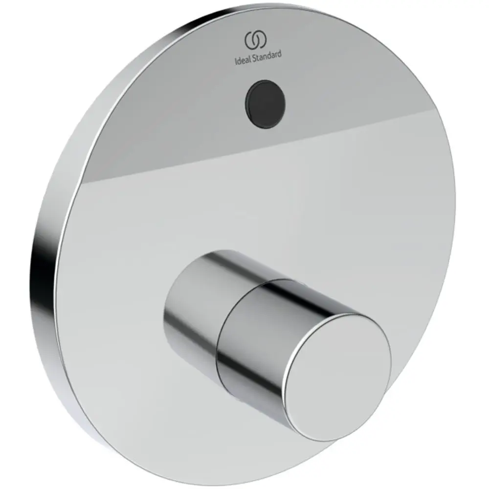 Chromfarbener Wandwasserhahn von Ideal Standard mit runder, glatter Oberfläche und einem zentralen Bedienknopf. Sensorsteuerung und Anzeige integriert.